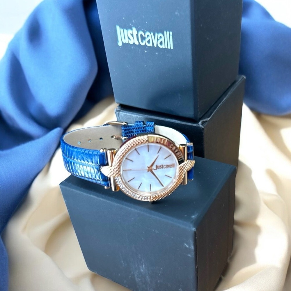 Just Cavalli NWT mother of pearl & Rose Gold snake design w blue leather strap